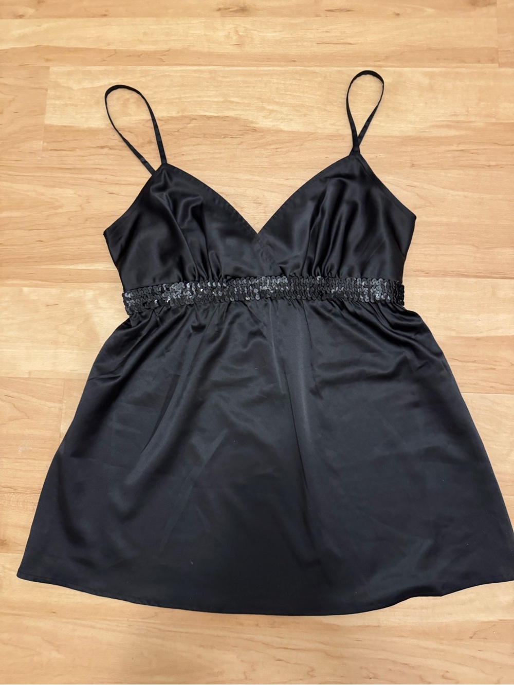 Y2K Express Medium Black Sequin Empire Waist Satin Spaghetti Strap Top Size M